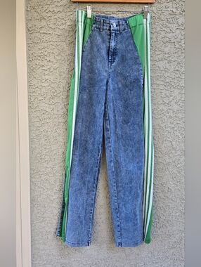 Hots7 Boutique High-Waist Two-Tone Green & Blue Women's Jeans Track Pants Hybrid